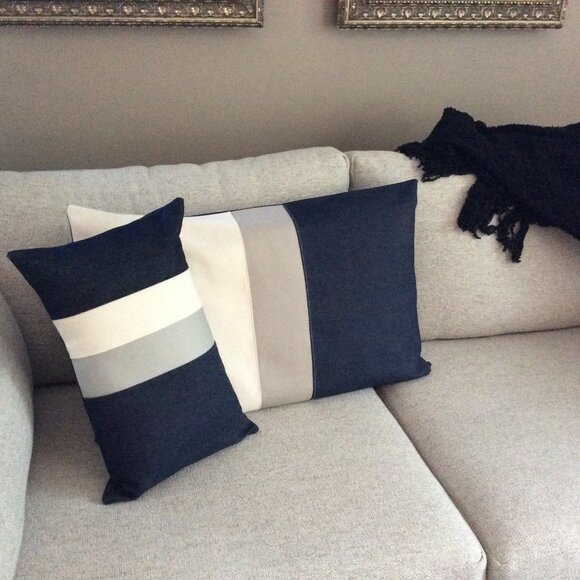 2 NEW Custom Color Block Pillows Navy, Cream Nautical Stripe, Coastal Home Decor - Picture 5 of 5
